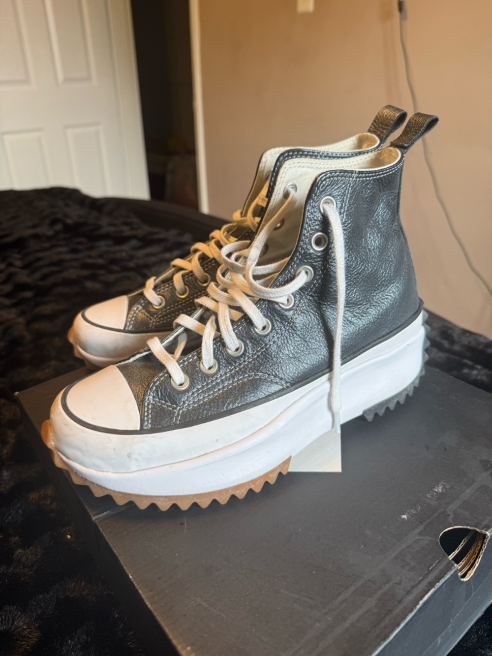 Converse Black Leather High-Top Sneakers with White Platform - Picture 2 of 6